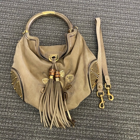Gucci Handbags - Suede and Leather Gucci Bag w/Metal Handle